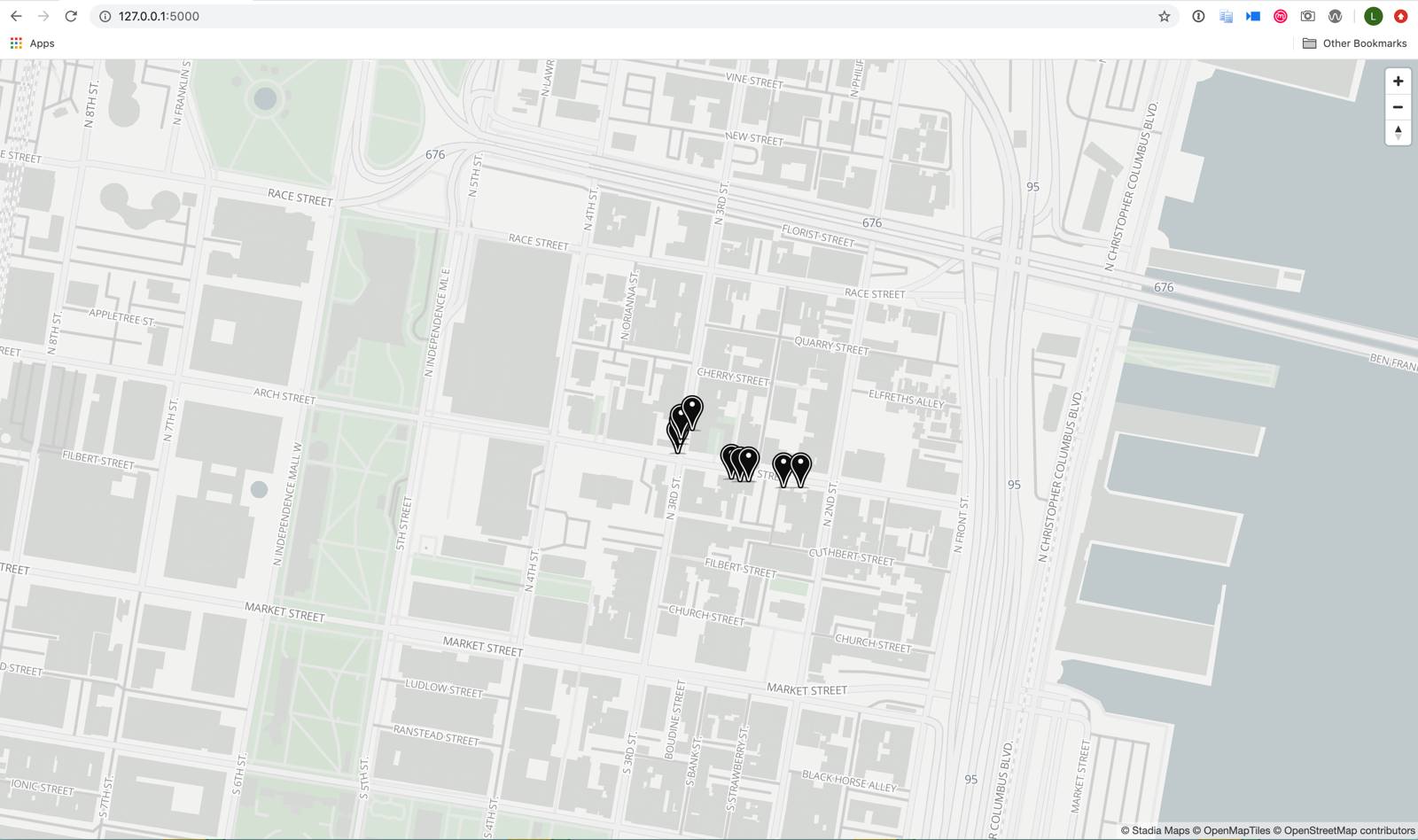 Stadia Maps Flask App rendered map. “Linode Trees”