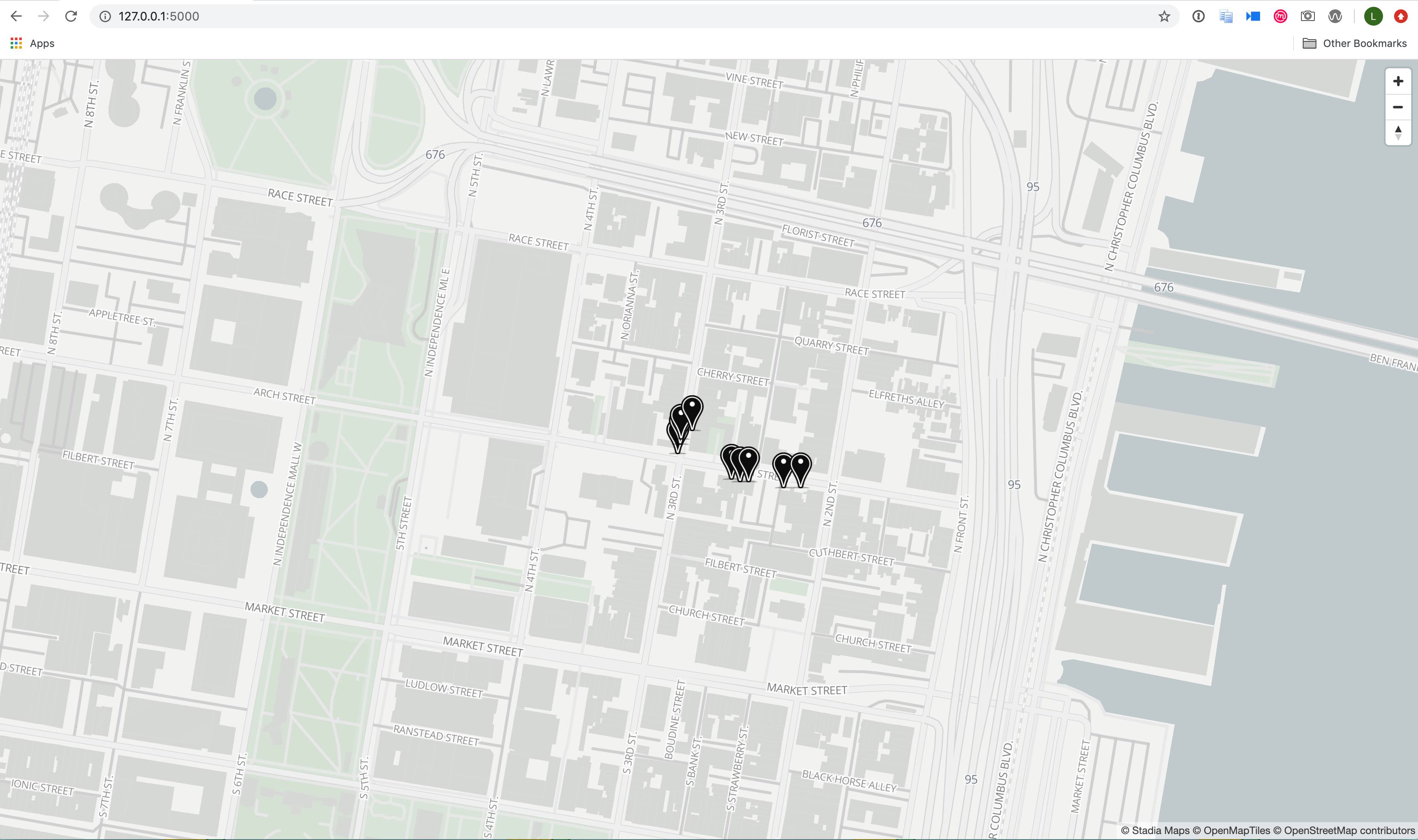 Stadia Maps Flask App rendered map. “Linode Trees”
