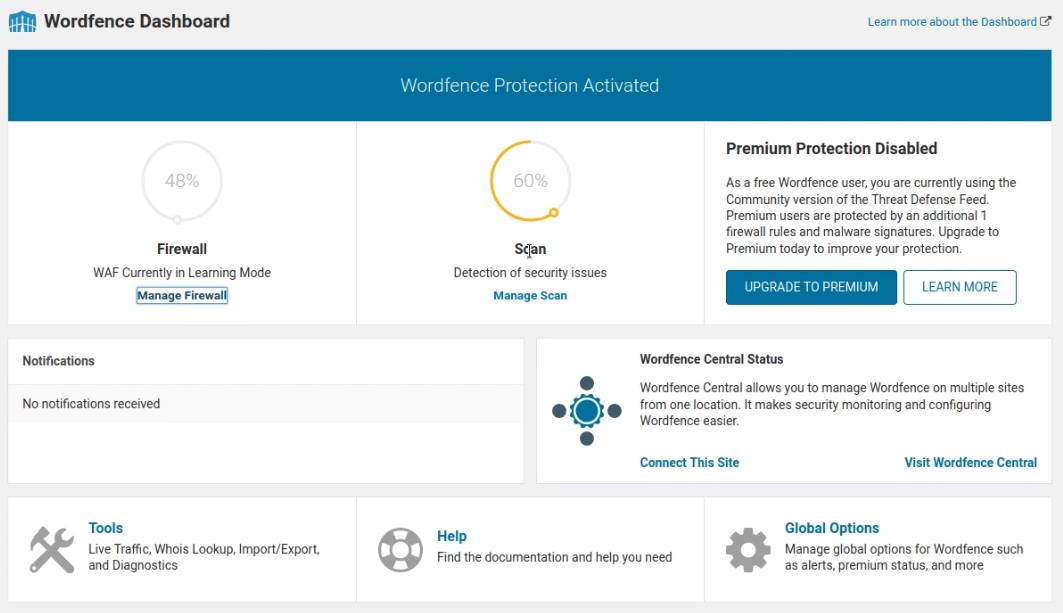WordPress Wordfence Firewall Dashboard WordPress Wordfence Firewall Dashboard