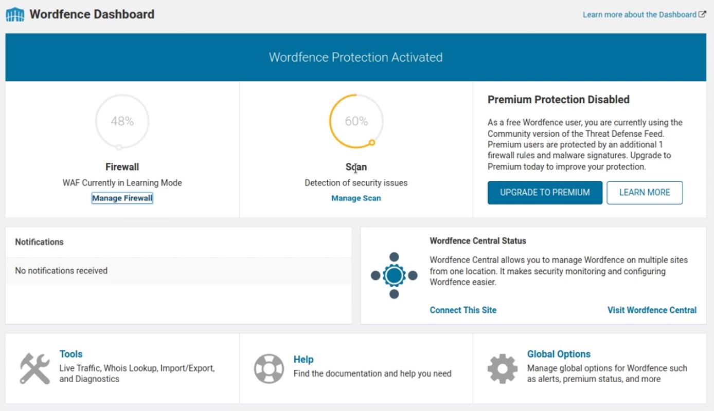 WordPress Wordfence Firewall Dashboard WordPress Wordfence Firewall Dashboard