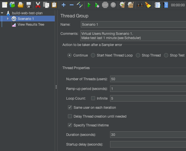 Adjusting a thread group in a JMeter test plan. Adjusting a thread group in a JMeter test plan.