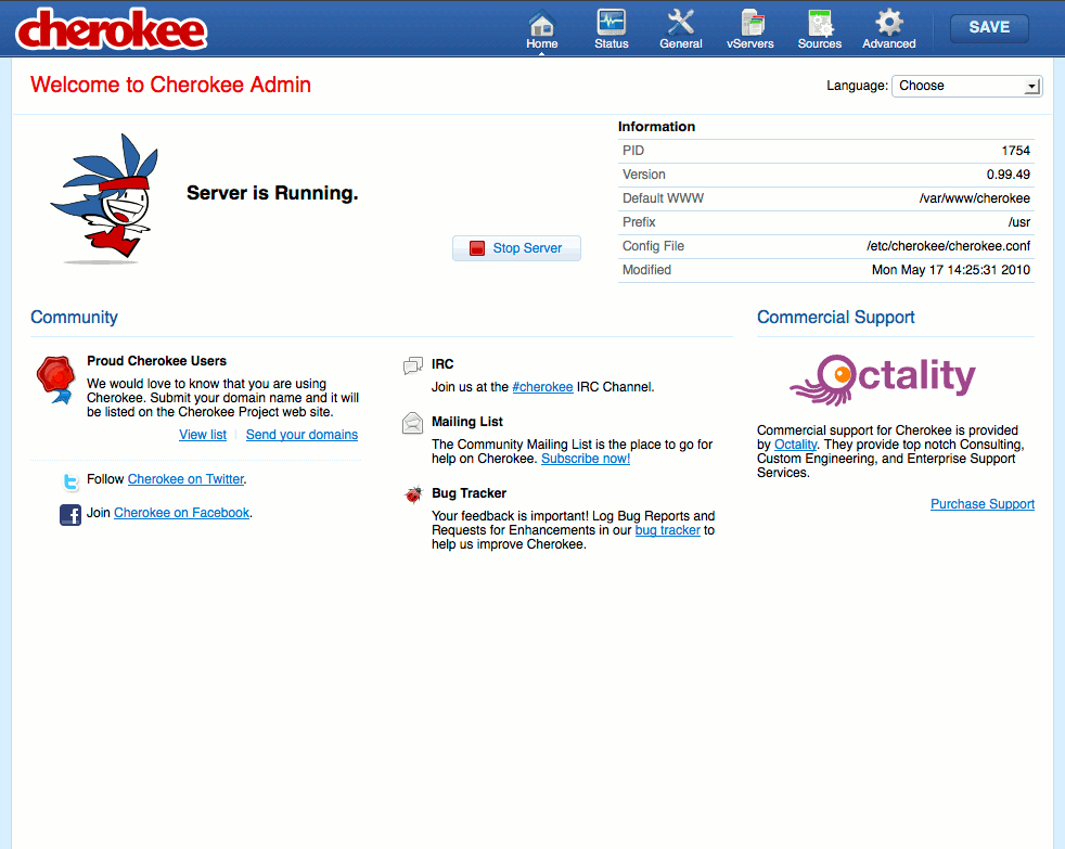 The cherokee-admin web server administration interface running on a Fedora 13 Linode. The cherokee-admin web server administration interface running on a Fedora 13 Linode.
