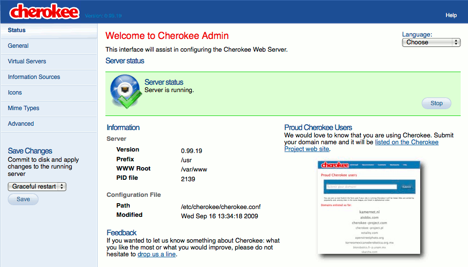 The cherokee-admin web server administration interface running on an Ubuntu Linux 9.10 (Karmic) Linode. The cherokee-admin web server administration interface running on an Ubuntu Linux 9.10 (Karmic) Linode.