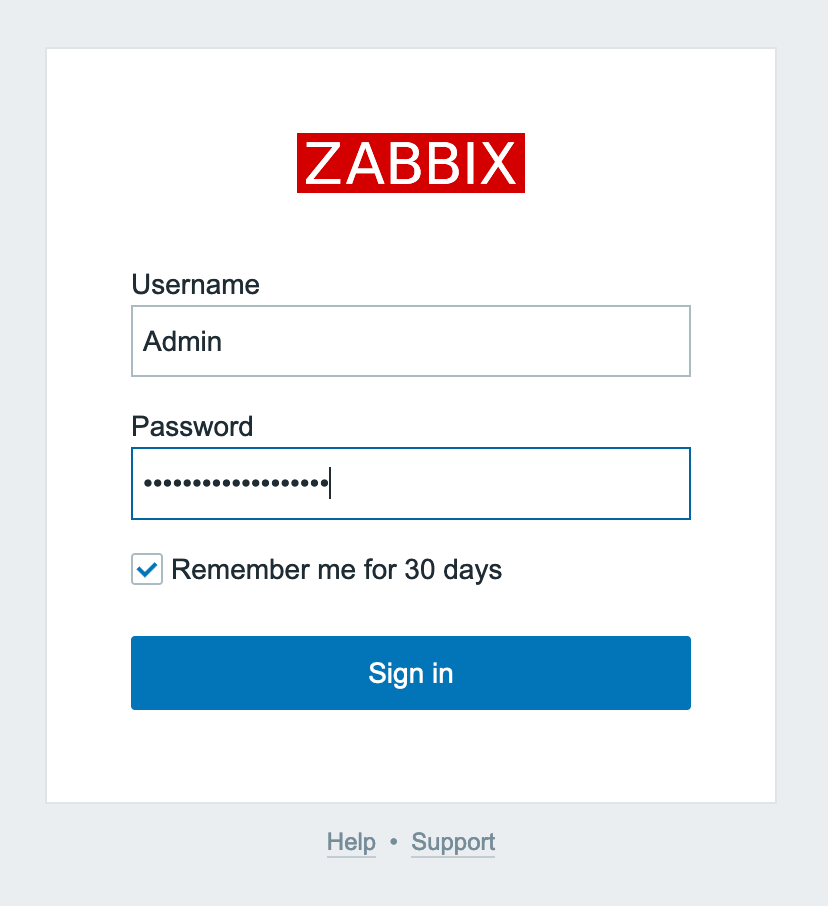 A screenshot of the Zabbix log in prompt A screenshot of the Zabbix log in prompt