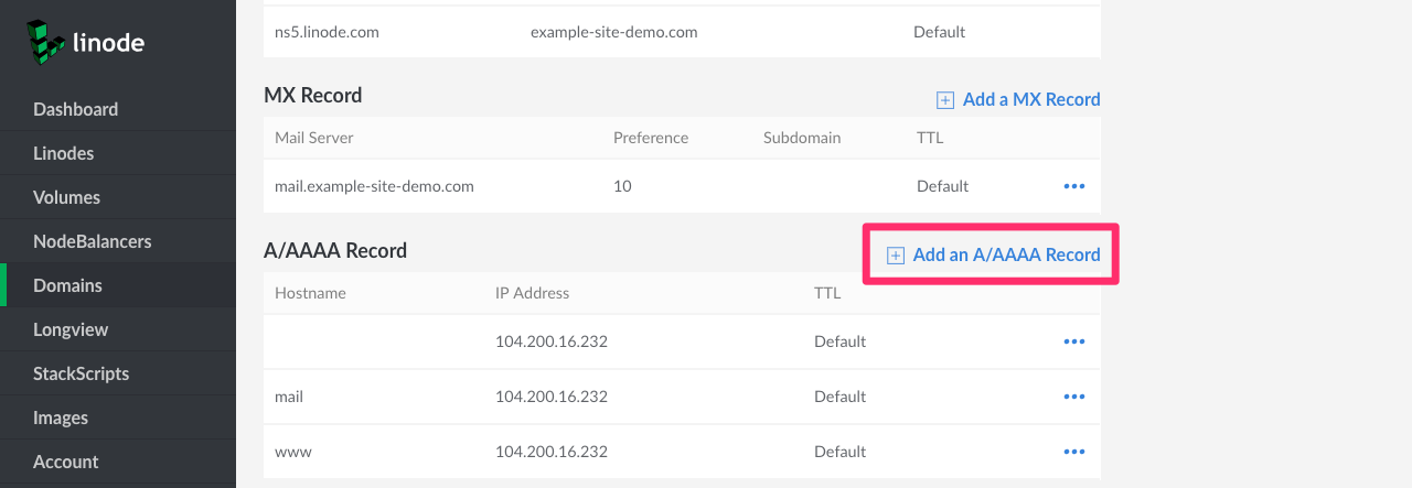 Create a new A record by first click on “Add an A/AAAA Record” Create a new A record by first click on “Add an A/AAAA Record”